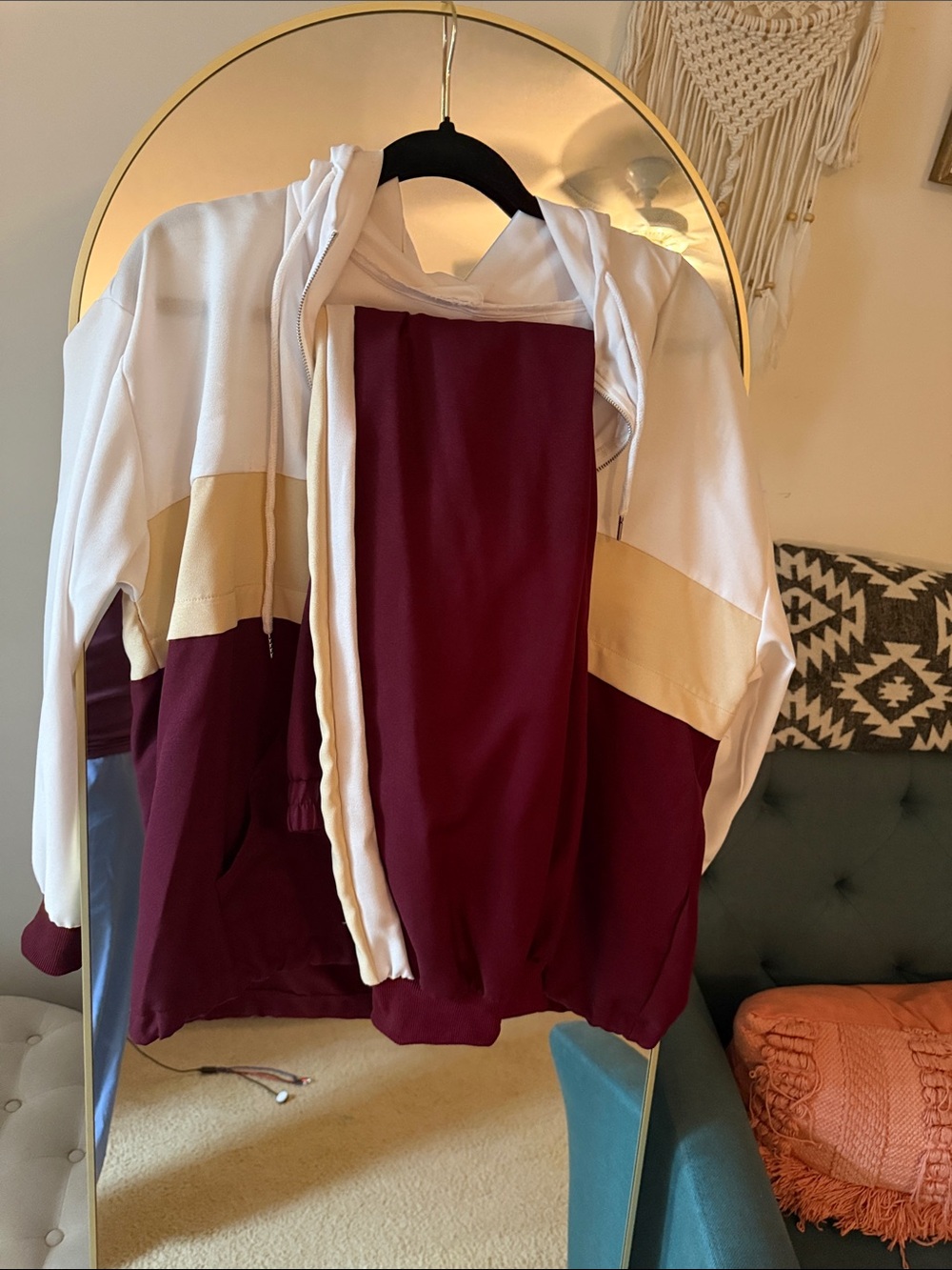 SHEIN White, Cream and Burgundy Colorblock Hooded Bomber Jacket